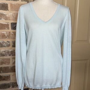 GAP Soft Minty Blue Linen V-Neck Tunic Sweater Ribbed Side Insets Vented Hem